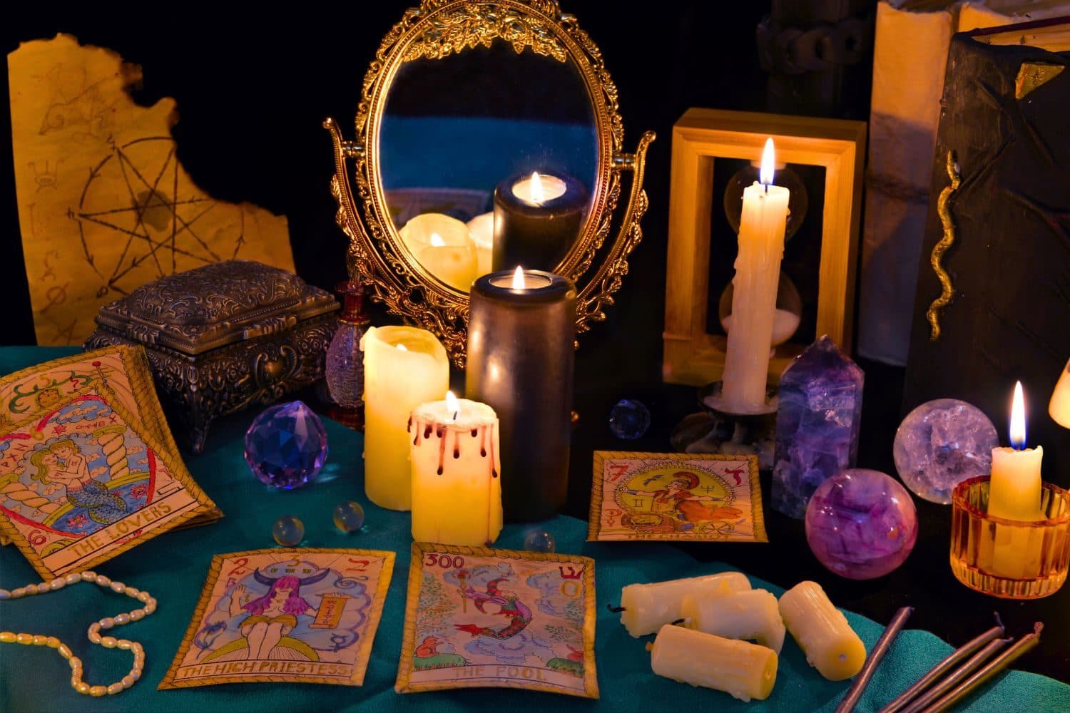Table de travail éclairée à la bougie : cartes de tarot, cristaux et miroir ancien