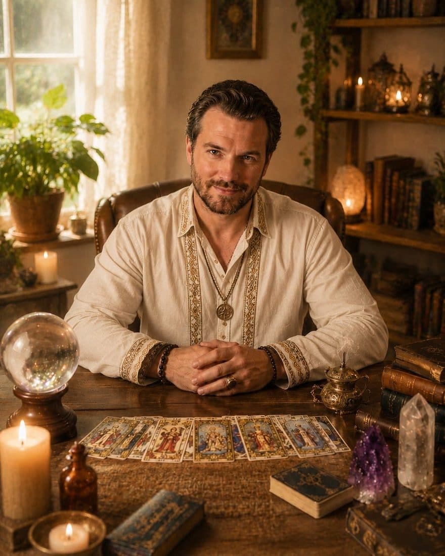 Owen Nerra à sa table de travail, cartes de tarot et boule de cristal devant lui