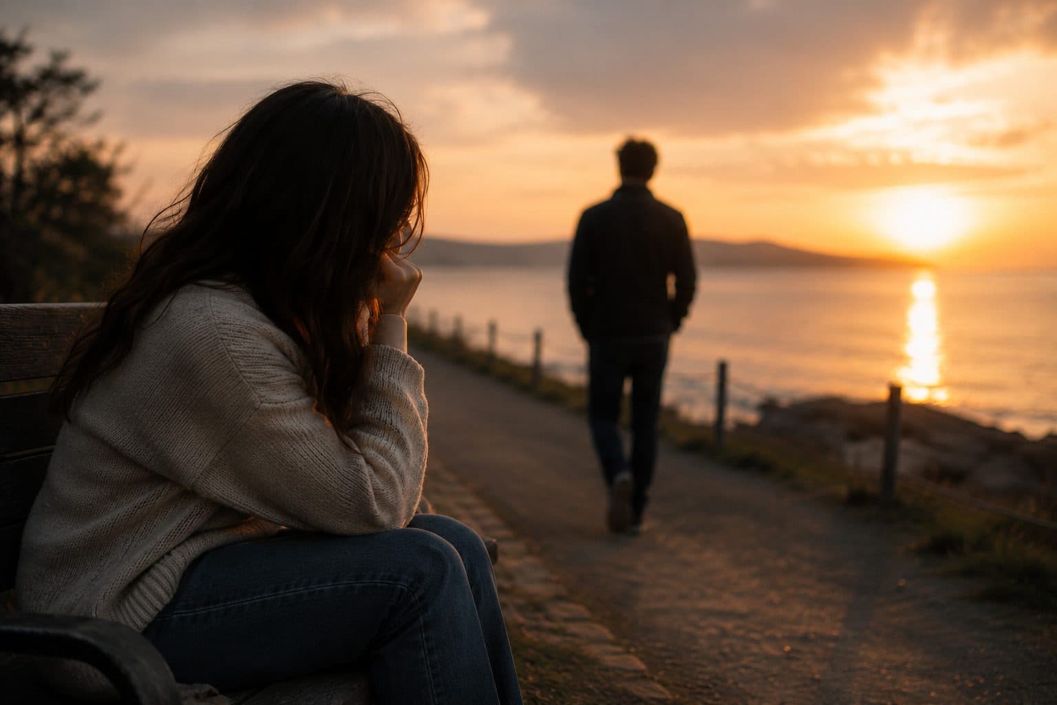 Frau auf einer Bank am Meer, die einem Mann im Sonnenuntergang nachschaut